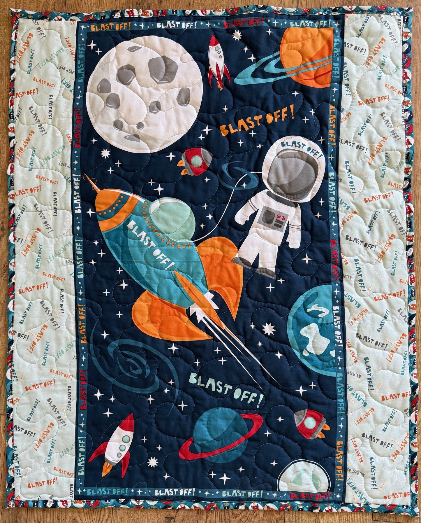 SPACE ASTRONAUT "BLAST OFF" ROCKETSHIP PLANETS Quilted Blanket
