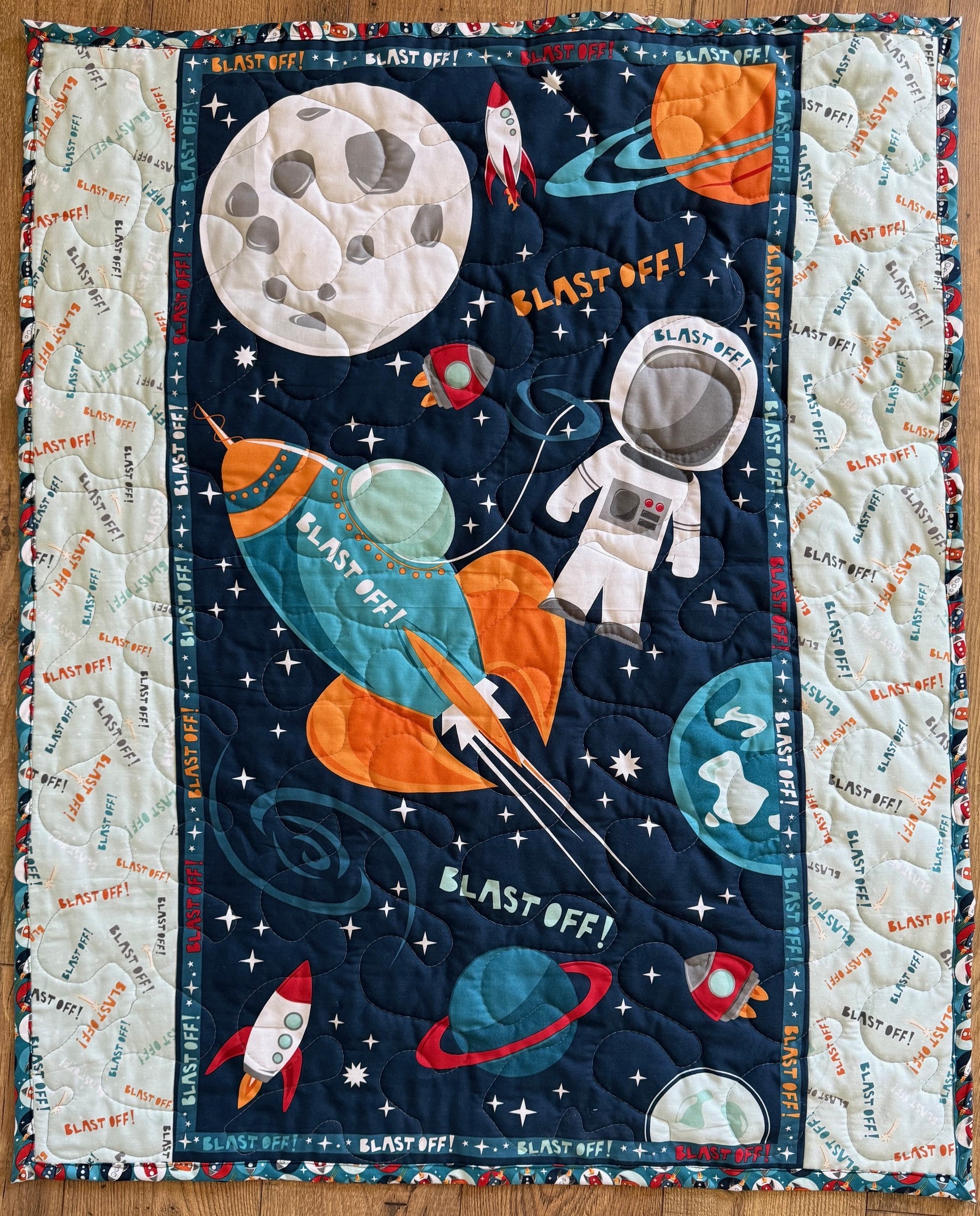 SPACE ASTRONAUT "BLAST OFF" ROCKETSHIP PLANETS Quilted Blanket