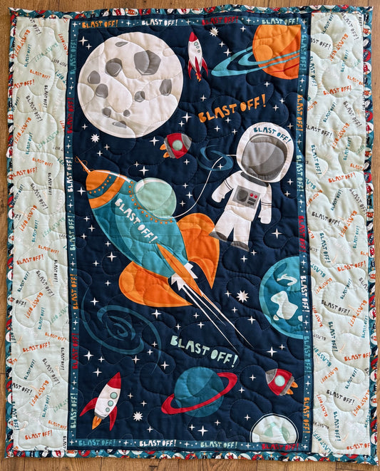 SPACE ASTRONAUT "BLAST OFF" ROCKETSHIP PLANETS Quilted Blanket