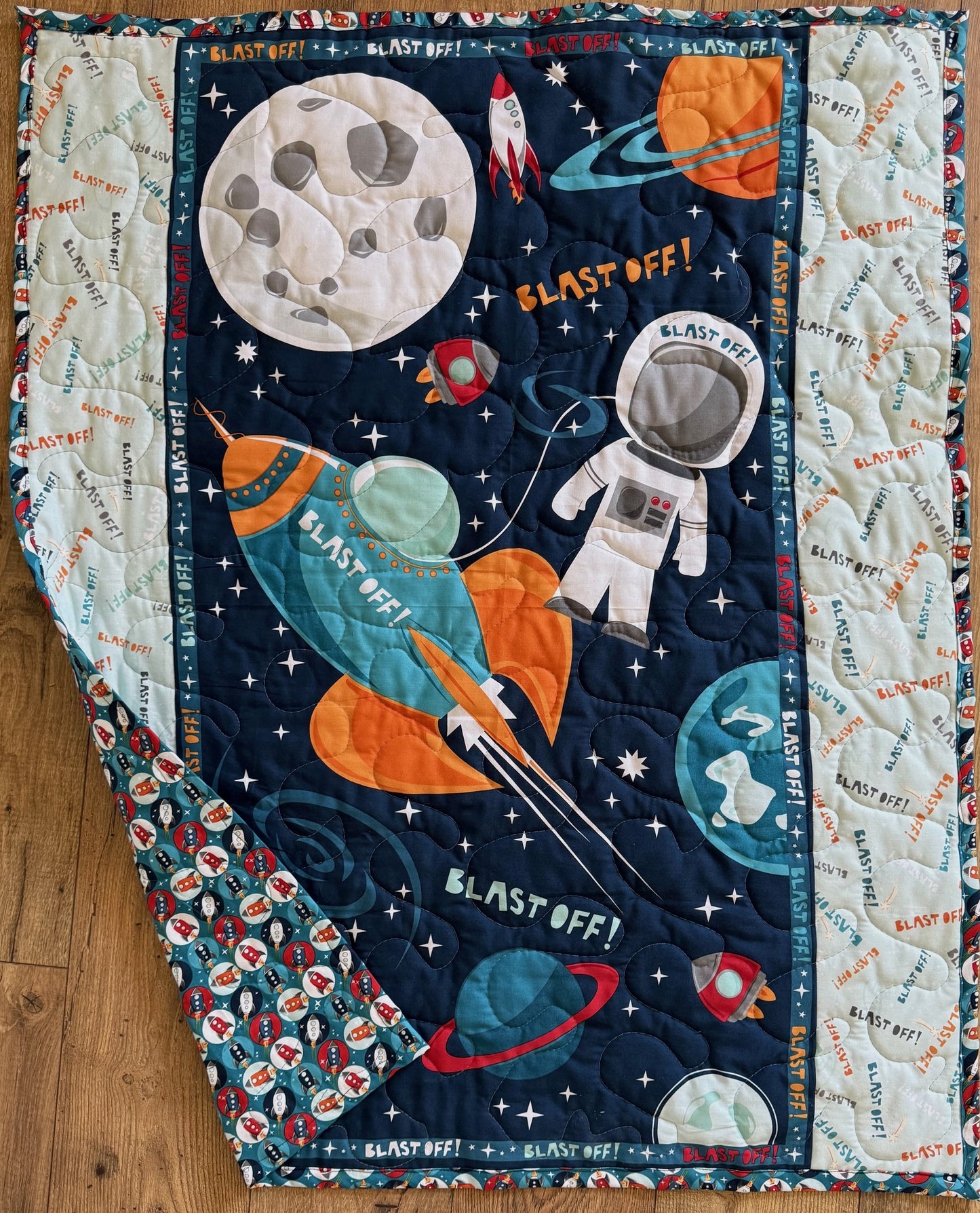 SPACE ASTRONAUT "BLAST OFF" ROCKET SHIPS PLANETS Quilted Blanket