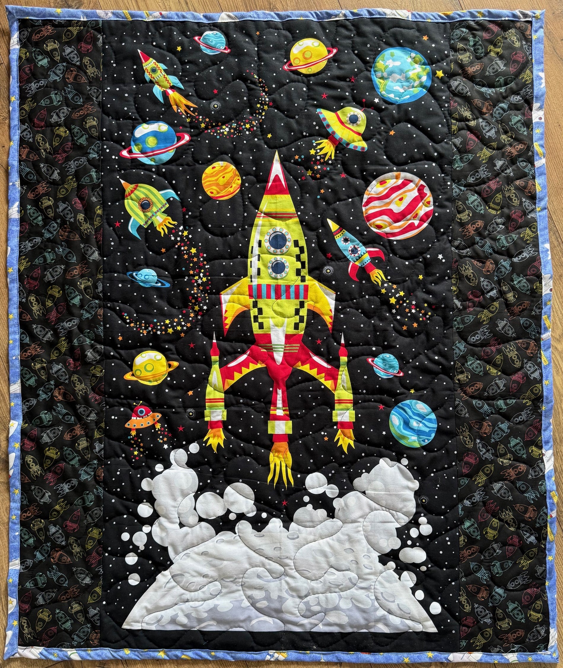 SPACE ROCKET BLAST OFF PLANETS Reversible Quilted Blanket
