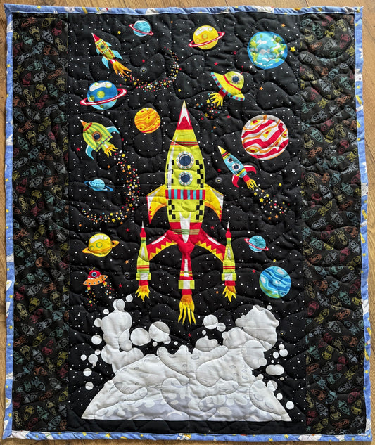 SPACE ROCKET BLAST OFF PLANETS Reversible Quilted Blanket