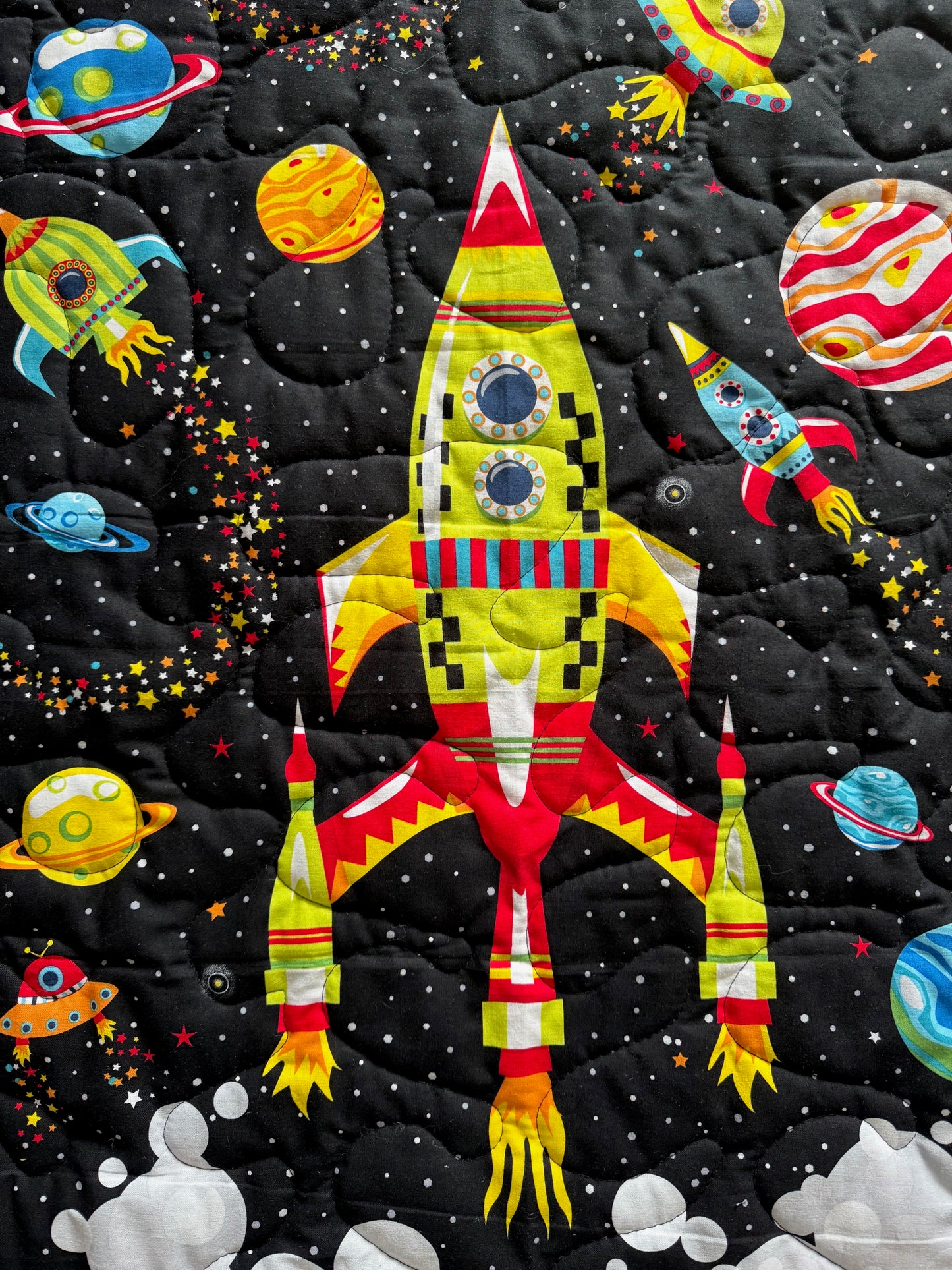 SPACE ROCKET BLAST OFF PLANETS Reversible Quilted Blanket