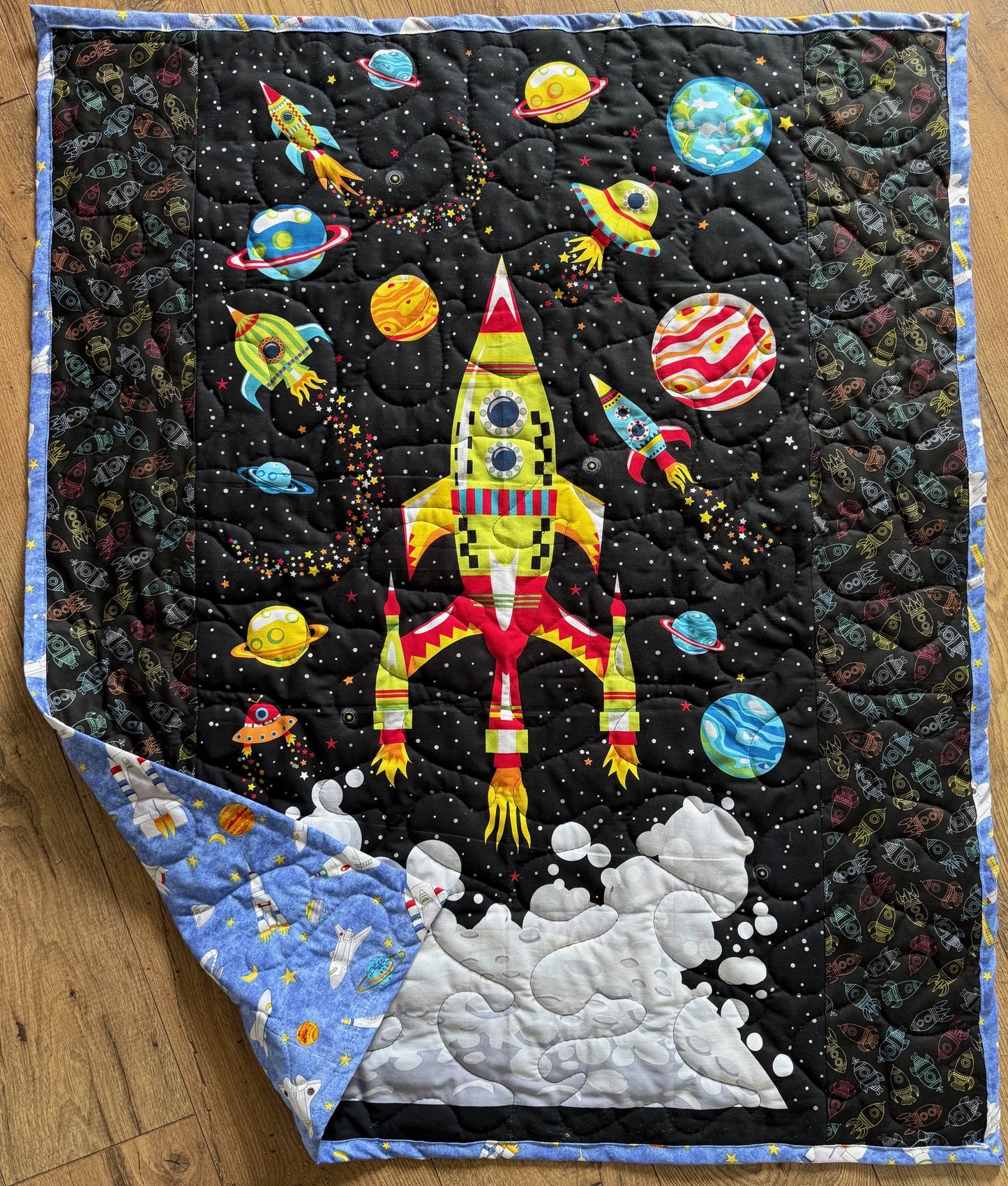 SPACE ROCKET BLAST OFF PLANETS Reversible Quilted Blanket