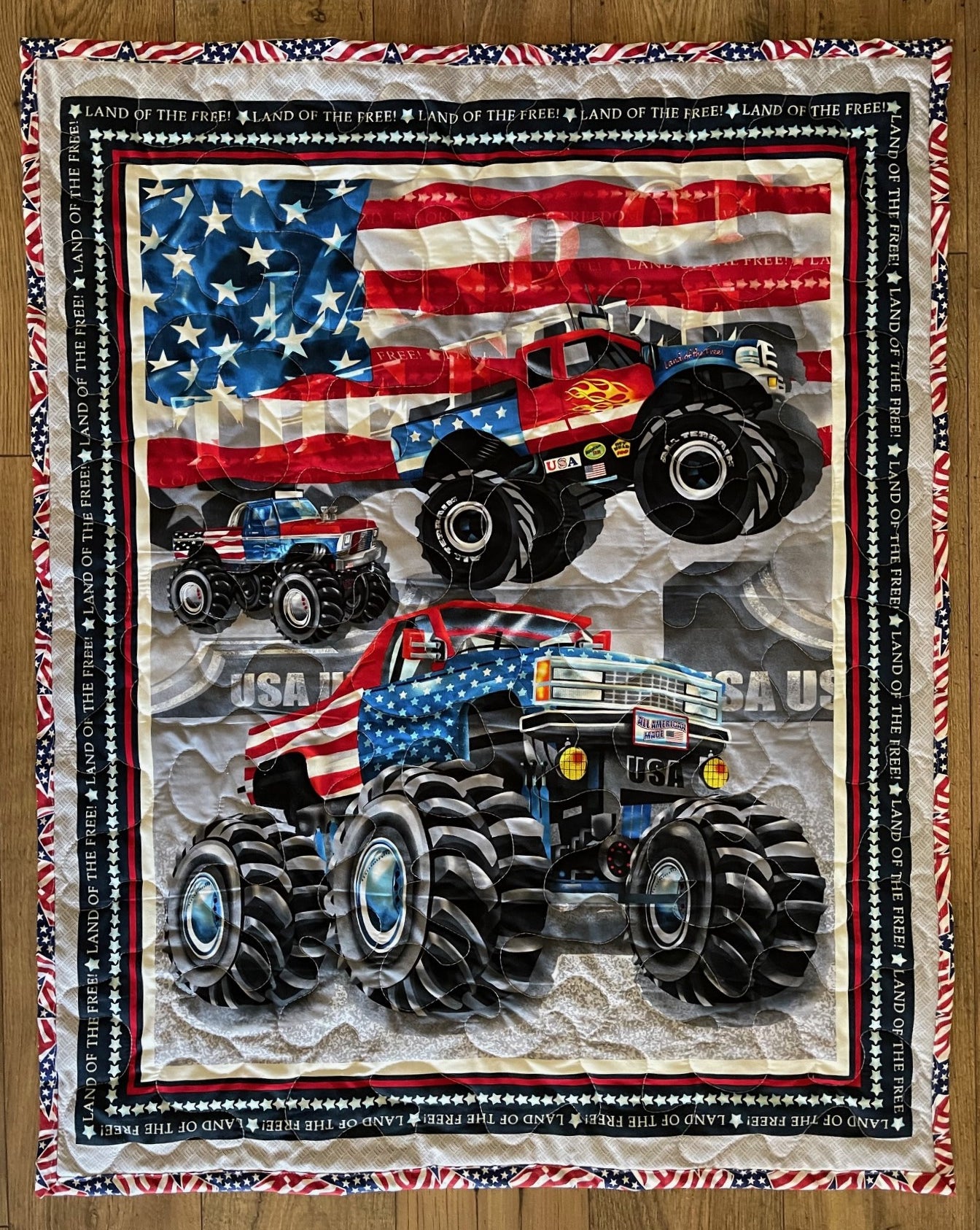 USA MONSTER TRUCK LAND OF THE FREE ALL AMERICAN MADE QUILTED BLANKET