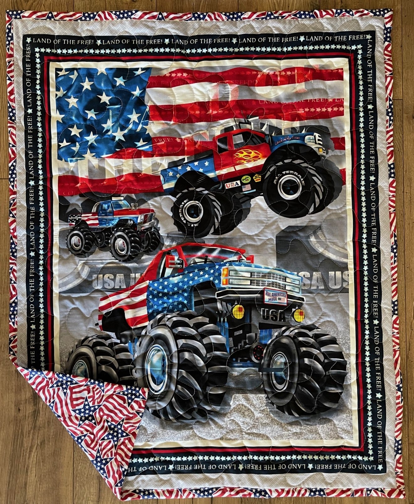 USA MONSTER TRUCK LAND OF THE FREE ALL AMERICAN MADE QUILTED BLANKET