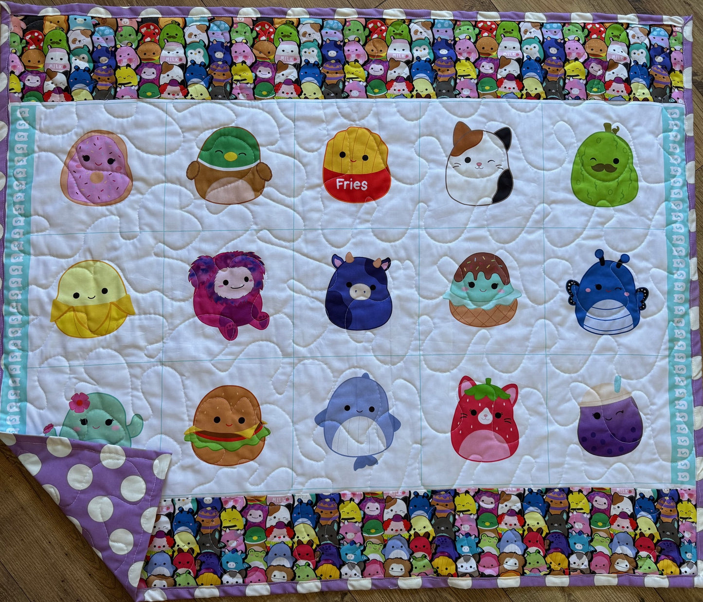 SQUISHMALLOWS PLUSH TOYS INSPIRED QUILTED BLANKET Purple white dots backing