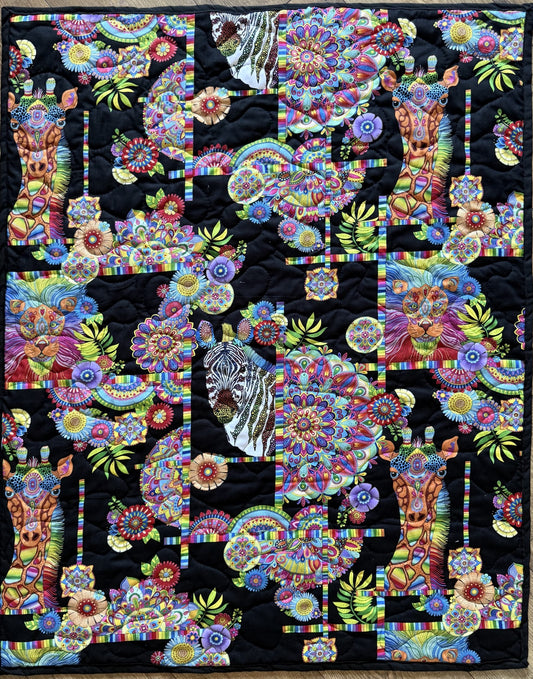 SAFARI ANIMALS BRIGHT MOZIAC ABSTRACT LION, GIRAFFE & ZEBRA QUILTED BLANKET