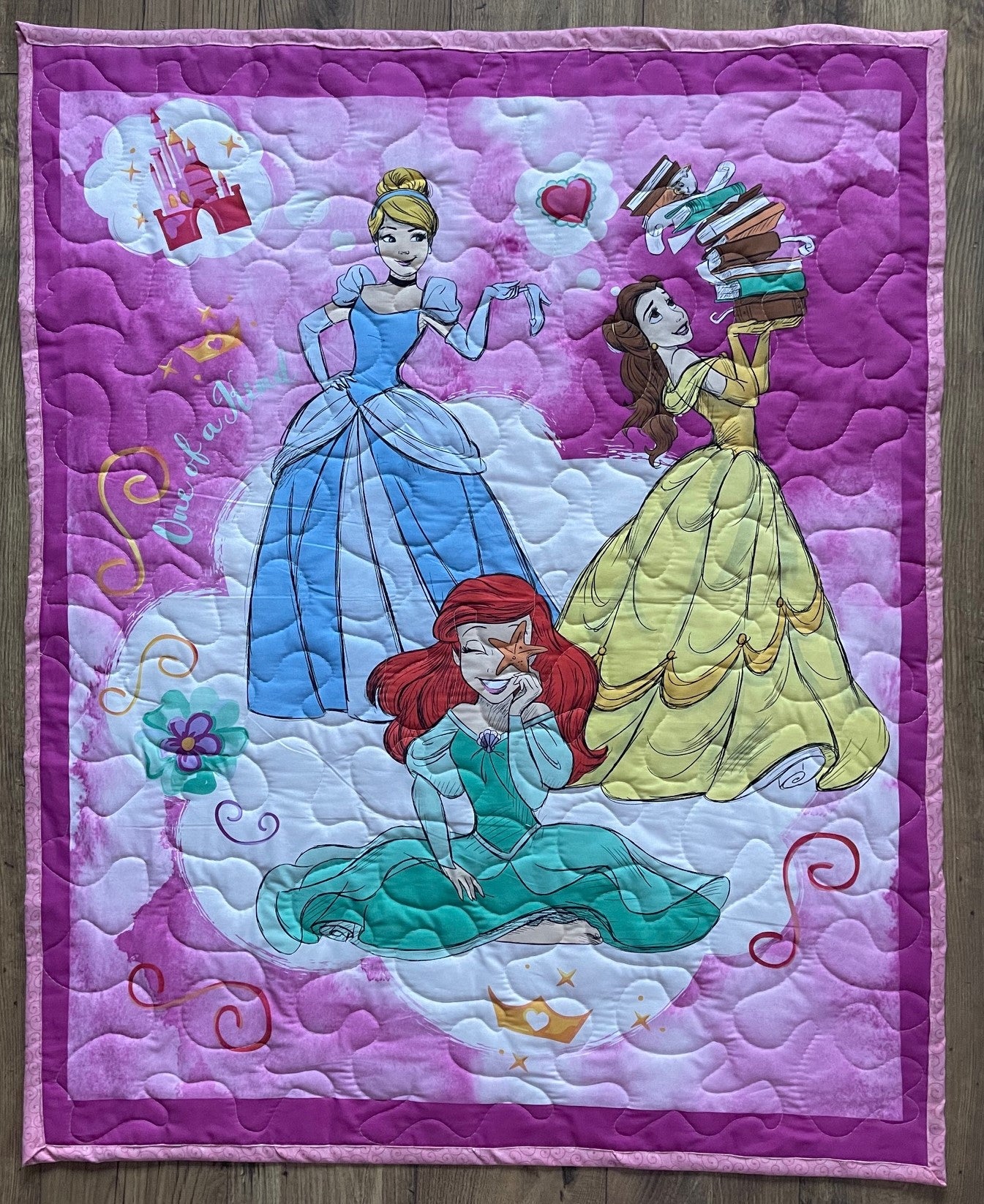 ONE OF A KIND PRINCESSES CINDERELLA LITTLE MERMAID BELLE Inspired Quilted Blanket