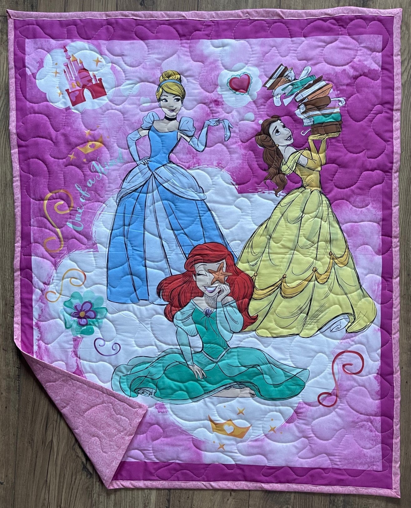 ONE OF A KIND PRINCESSES CINDERELLA LITTLE MERMAID BELLE Inspired Quilted Blanket