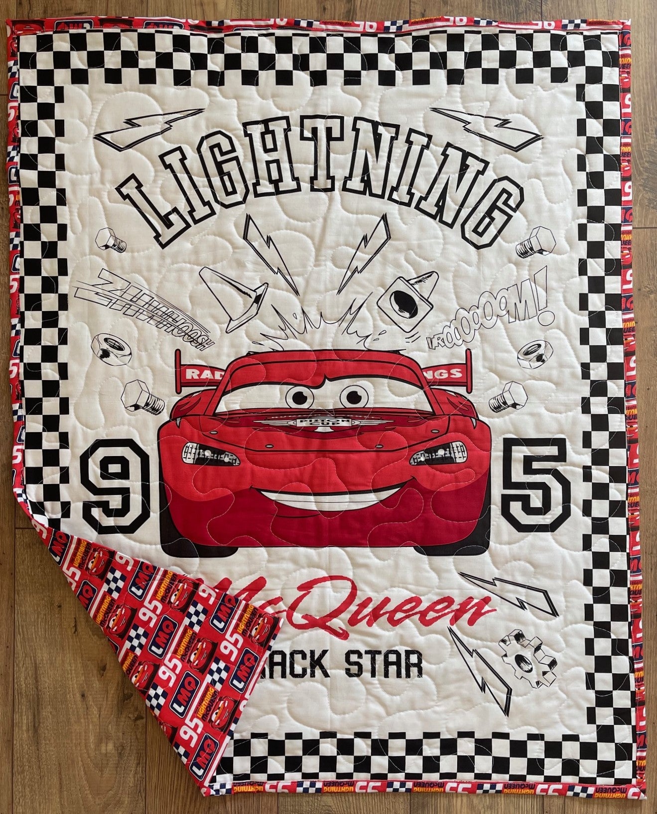 CARS LIGHTNING MC QUEEN 95 INSPIRED Quilted Blanket TRACK STAR Reversible Blanket