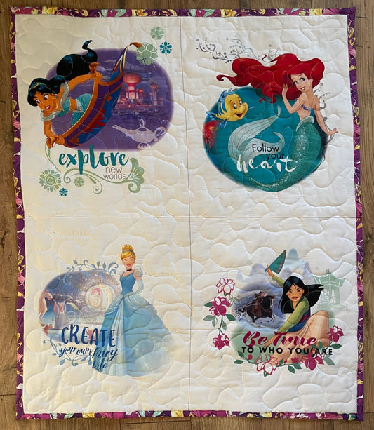 PRINCESSES, JASMINE, ARIEL, CINDERELLA & MULAN INSPIRED QUILTED BLANKET REVERISBLE