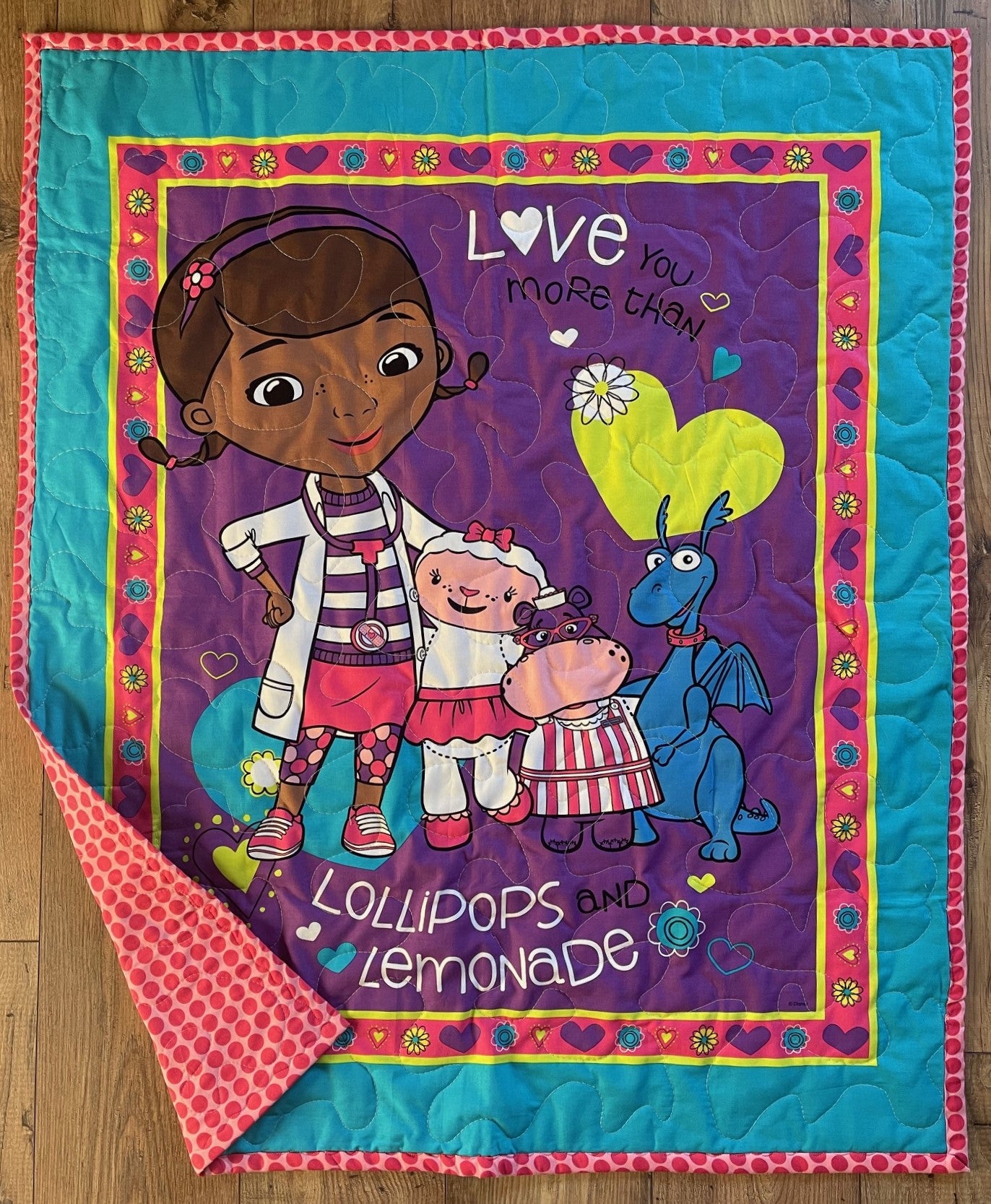 Doc McStuffins inspired Love You More Lollipops and Lemonaid Quilted Blanket