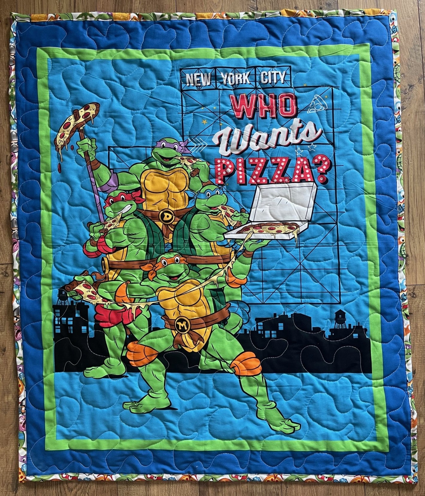 TEENAGE MUTANT NINJA TURTLES *WHO WANTS PIZZA?* TMNT INSPIRED QUILTED REVERSIBLE BLANKET