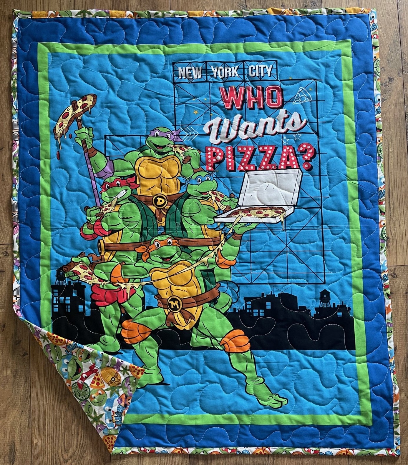 TEENAGE MUTANT NINJA TURTLES *WHO WANTS PIZZA?* TMNT INSPIRED QUILTED REVERSIBLE BLANKET