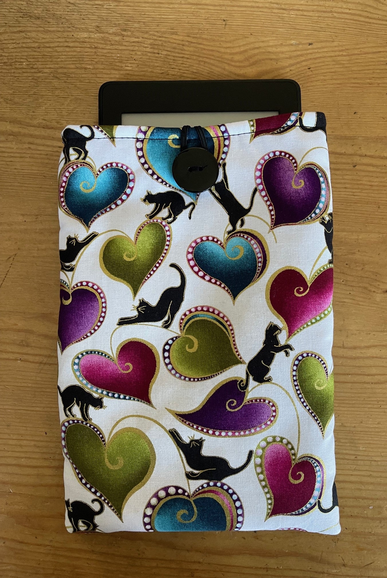 BLACK CATS & HEARTS KINDLE SLEEVE Padded Pouch fits 6" 7" Models