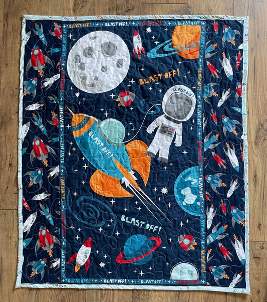 SPACE ASTRONAUT SHACE SHIPS ROCKETS "BLAST OFF" PLANETS Quilted Blanket 36"X44"