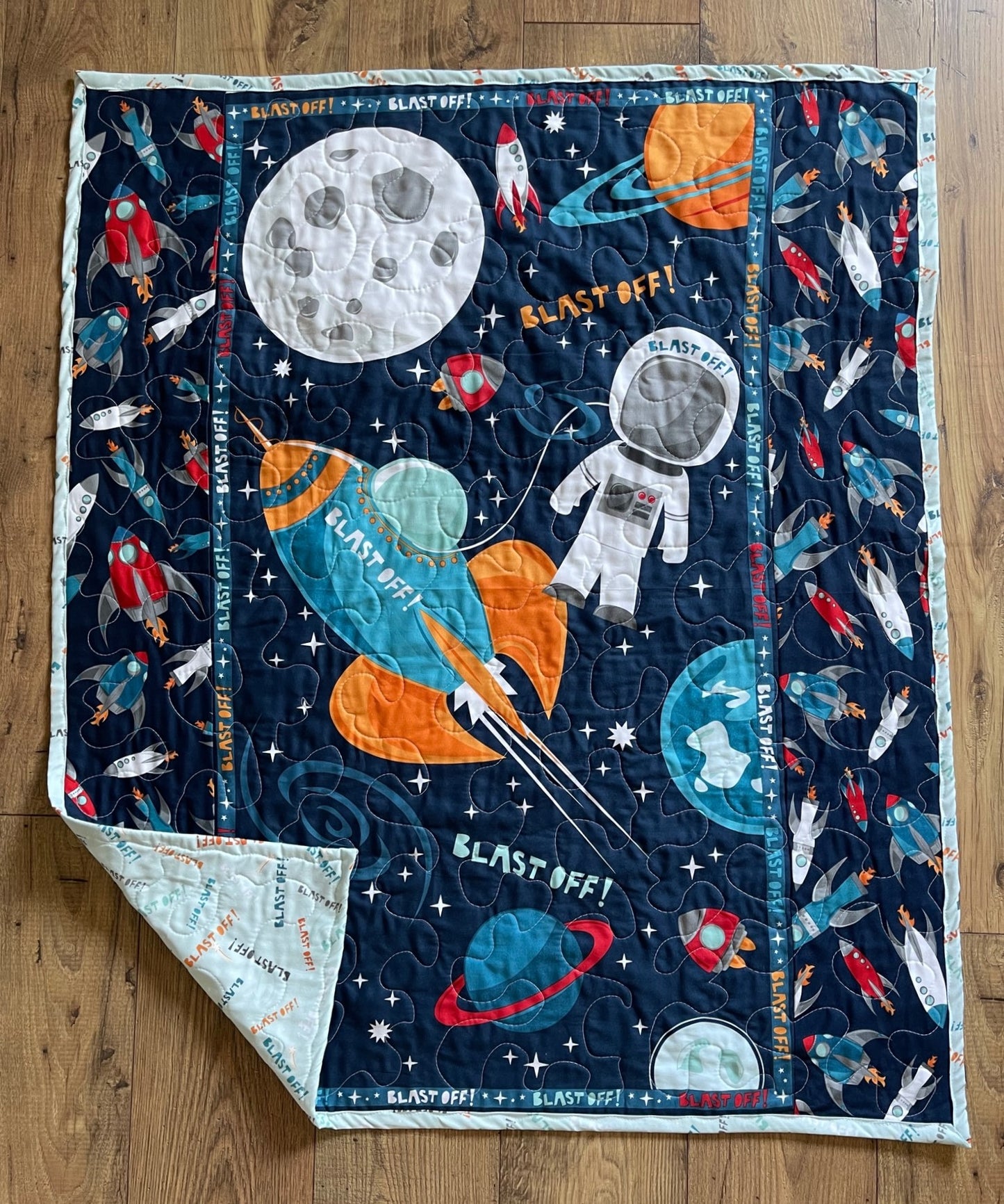 SPACE ASTRONAUT SHACE SHIPS ROCKETS "BLAST OFF" PLANETS Quilted Blanket 36"X44"