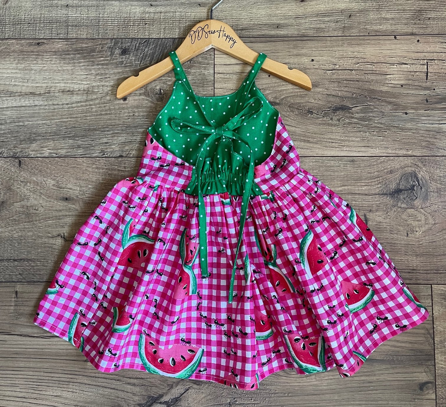 Girls Infant Watermelon picnic with ants red checked Boho Sundress Dress tie back style