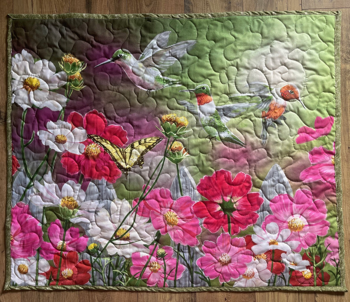 BEAUTIFUL FLORAL, HUMMINGBIRDS & BUTTERFLY GARDEN QUILTED BLANKET WALL HANGING