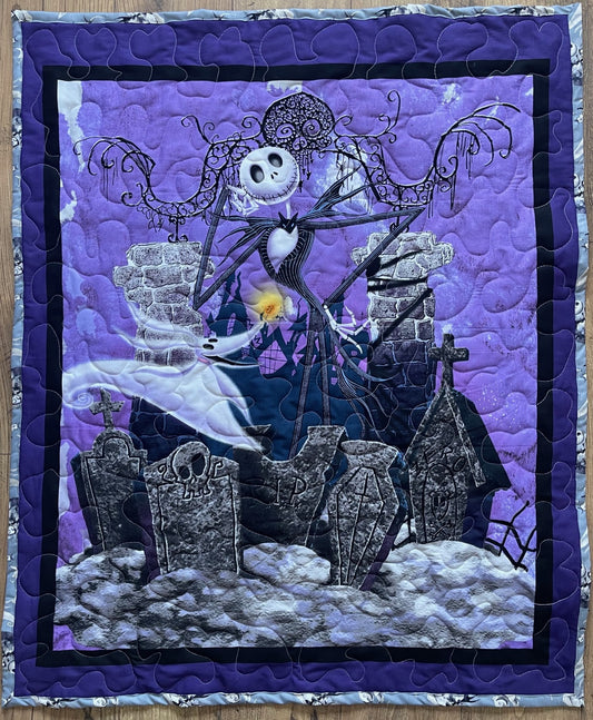 NIGHTMARE BEFORE CHRISTMAS JACK SKELLINGTON and ZERO GRAVEYARD COFFINS Inspired Quilted Blanket