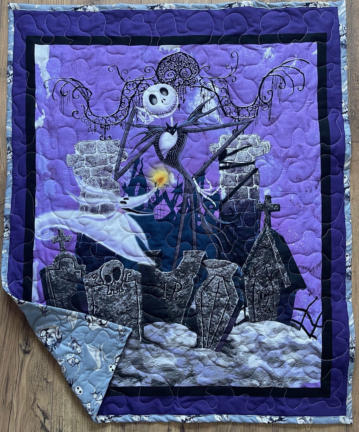 NIGHTMARE BEFORE CHRISTMAS JACK SKELLINGTON and ZERO GRAVEYARD COFFINS Inspired Quilted Blanket