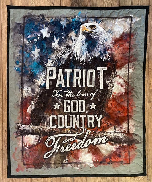 PATRIOTIC AMERICAN FLAG & BALD EAGLE*FOR THE LOVE OF GOD COUNTRY AND FREEDOM* QUILTED BLANKET