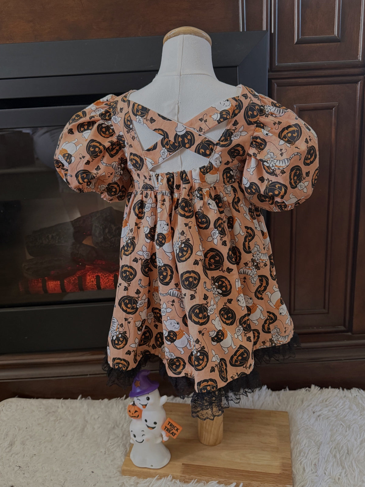 Girls and Toddlers Halloween Winnie the Pooh, Tigger & Piglet Vintage Babydoll style dress with puff sleeves
