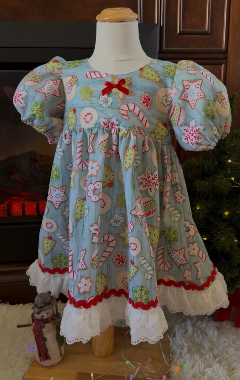 Girls and Toddlers CHRISTMAS COOKIES Light blue Vintage Babydoll style dress with puff sleeves, bow on the back