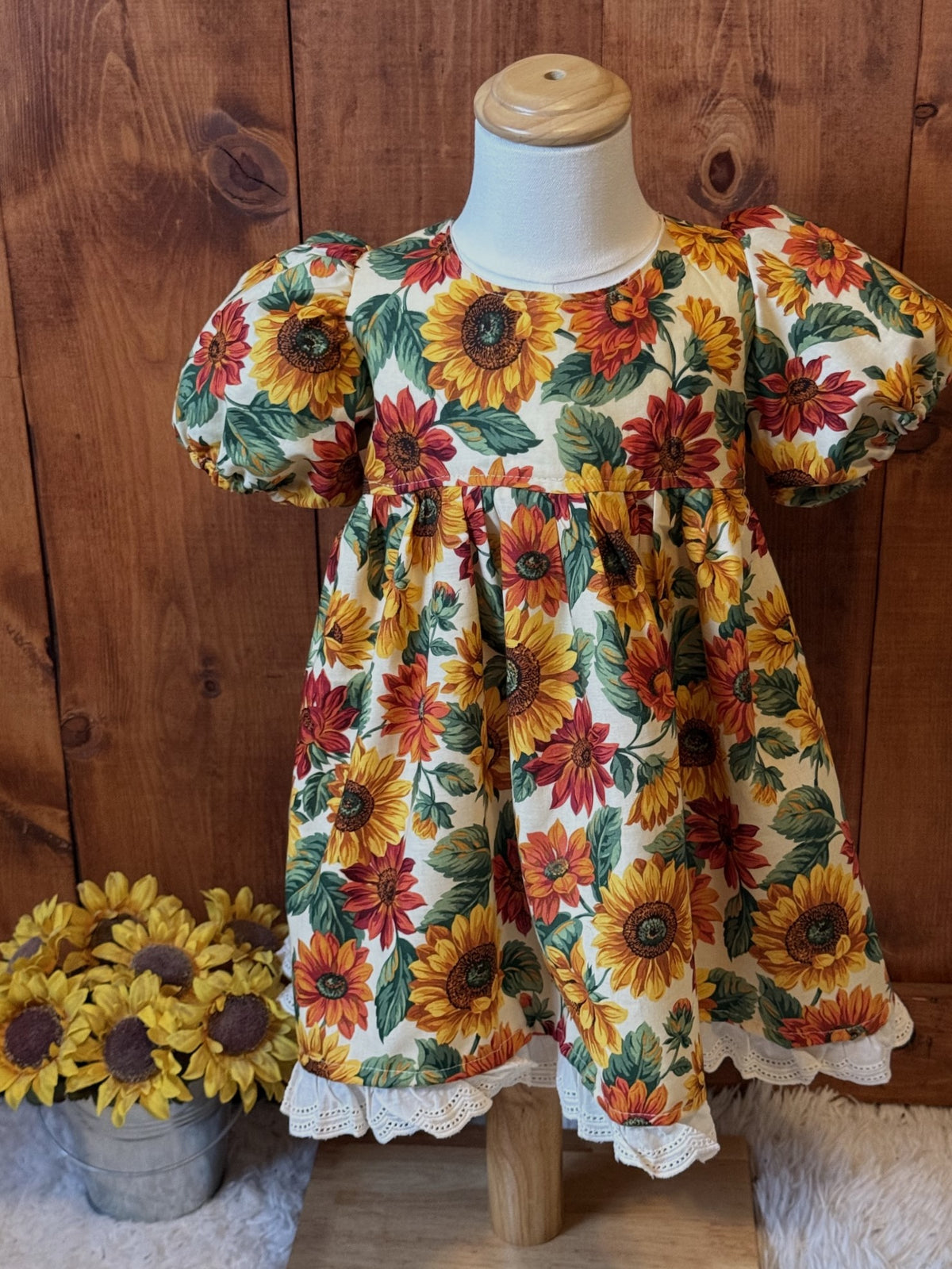 Girls and Toddlers SUNFLOWERS Vintage Babydoll style dress with puff sleeves, bow on the back