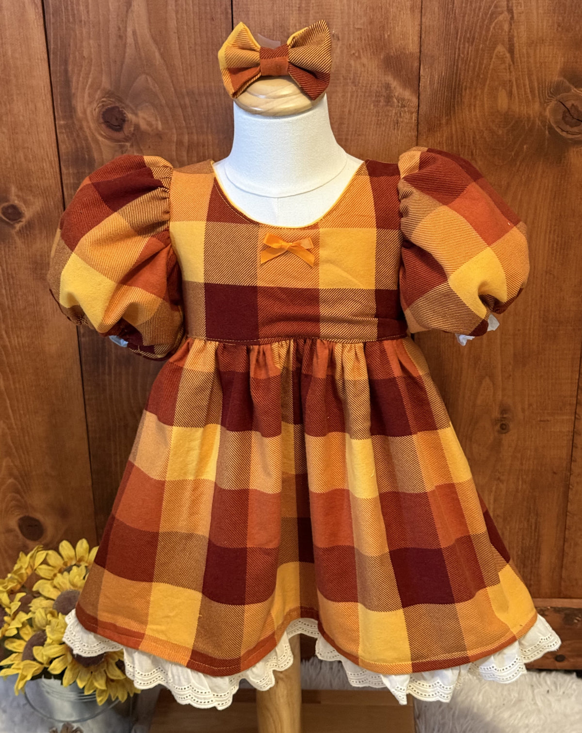 Girls and Toddlers AUTUMN FALL PLAIDS GOLD, ORANGE, RED SOFT FLANNEL Vintage Babydoll style dress with puff sleeves