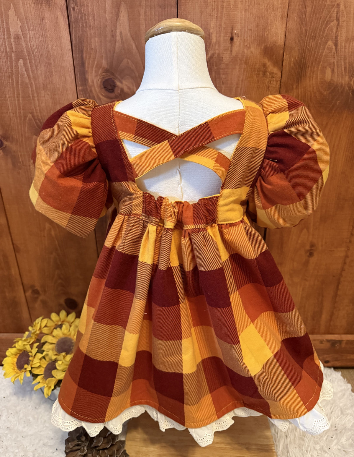 Girls and Toddlers AUTUMN FALL PLAIDS GOLD, ORANGE, RED SOFT FLANNEL Vintage Babydoll style dress with puff sleeves