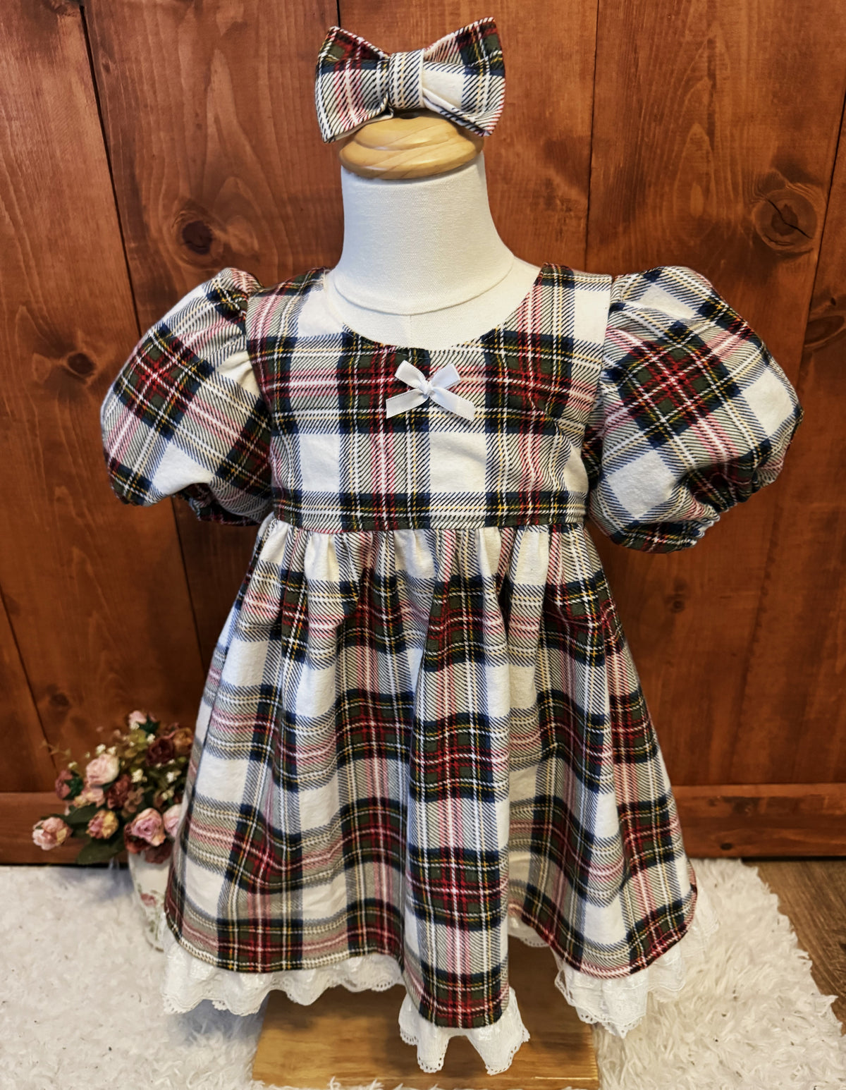 Girls and Toddlers PLAID WHITE BLACK RED SOFT FLANNEL Vintage Babydoll style dress with puff sleeves