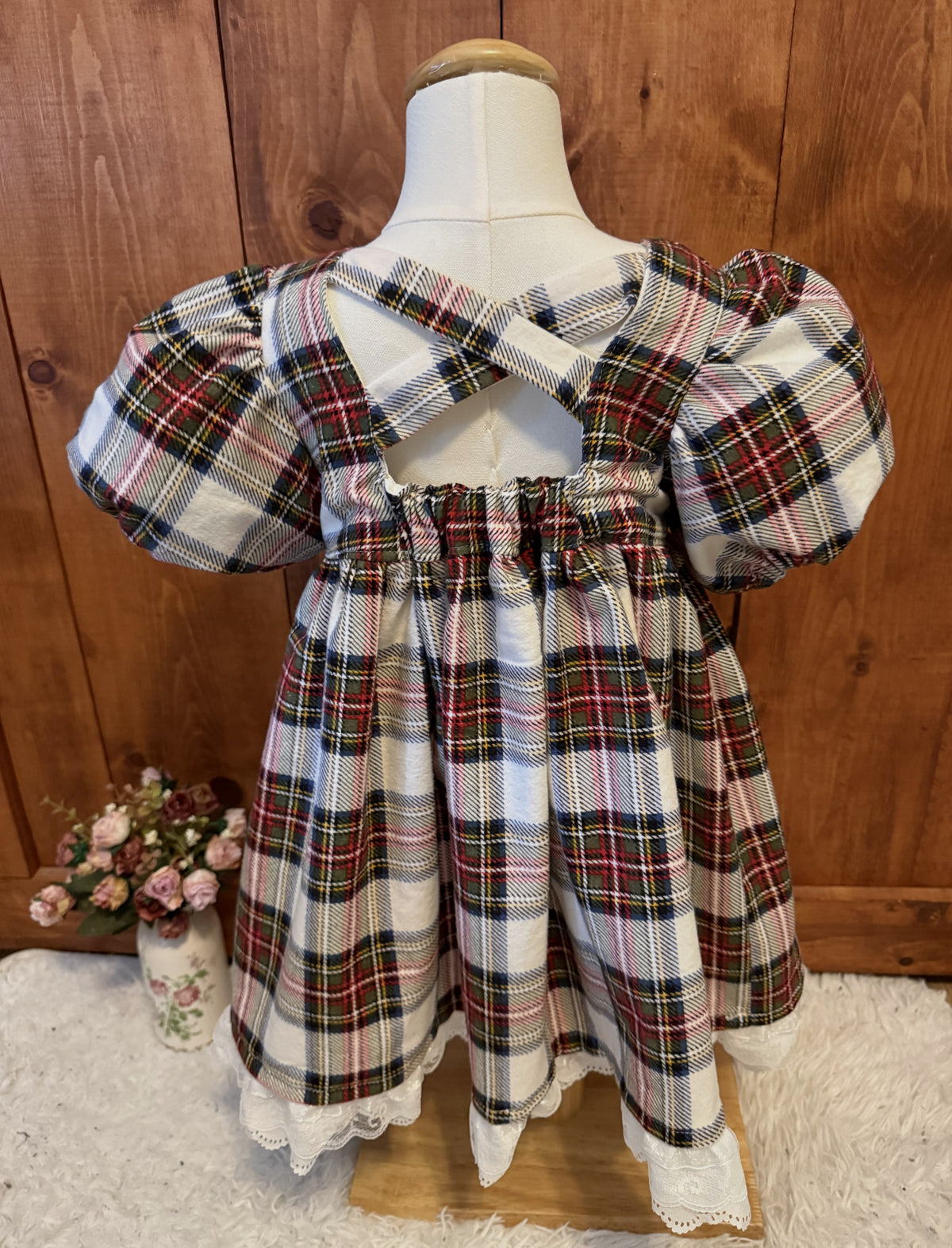 Girls and Toddlers PLAID WHITE BLACK RED SOFT FLANNEL Vintage Babydoll style dress with puff sleeves