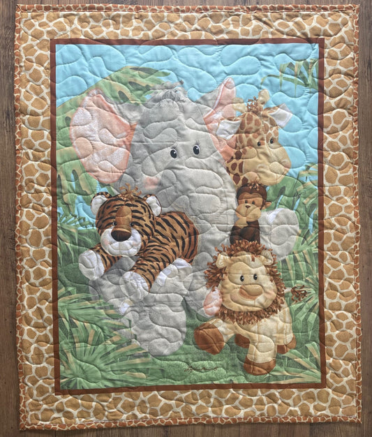 Jungle Babies Animals Elephant, Giraffe, Monkey Tiger Quilted Blanket