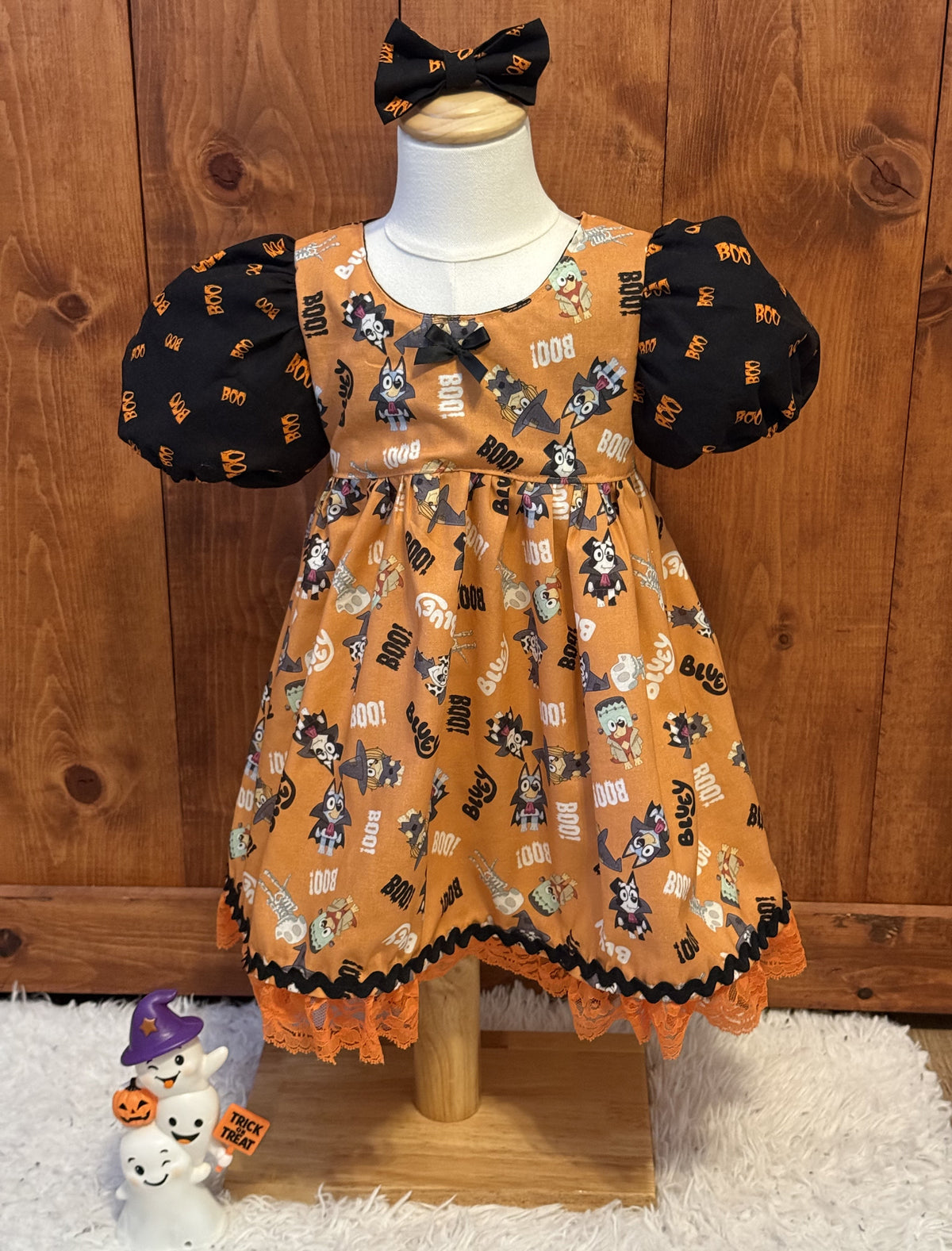 Girls and Toddlers BLUEY CHARACTERS HALLOWEEN BOO! Vintage Babydoll style dress with puff sleeves