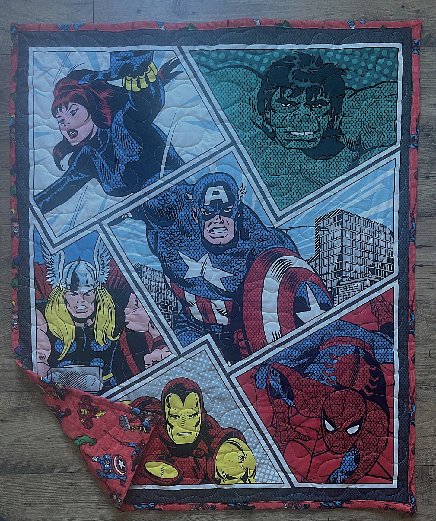 SUPERHEROES AVENGERS BLACK WIDOW, SPIDER MAN, THOR, THE HULK, IRON MAN, CAPTAIN AMERICA Quilted Blanket Soft Flannel Backing
