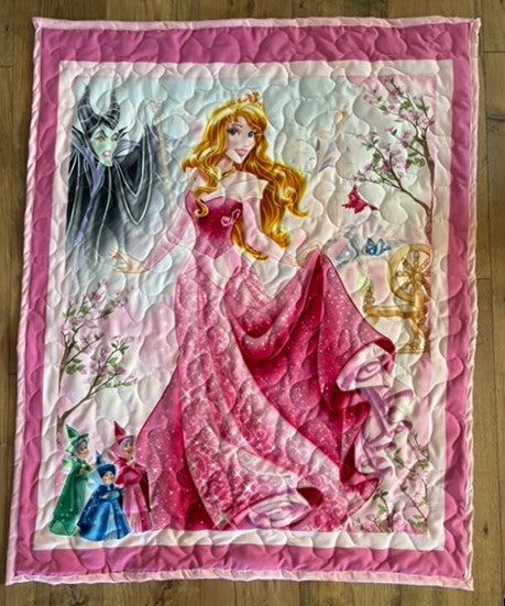 SLEEPING BEAUTY PRINCESS AURORA, BRIAR ROSE with FAIRY GODMOTHERS & MALEFICENT Inspired Quilted Blanket
