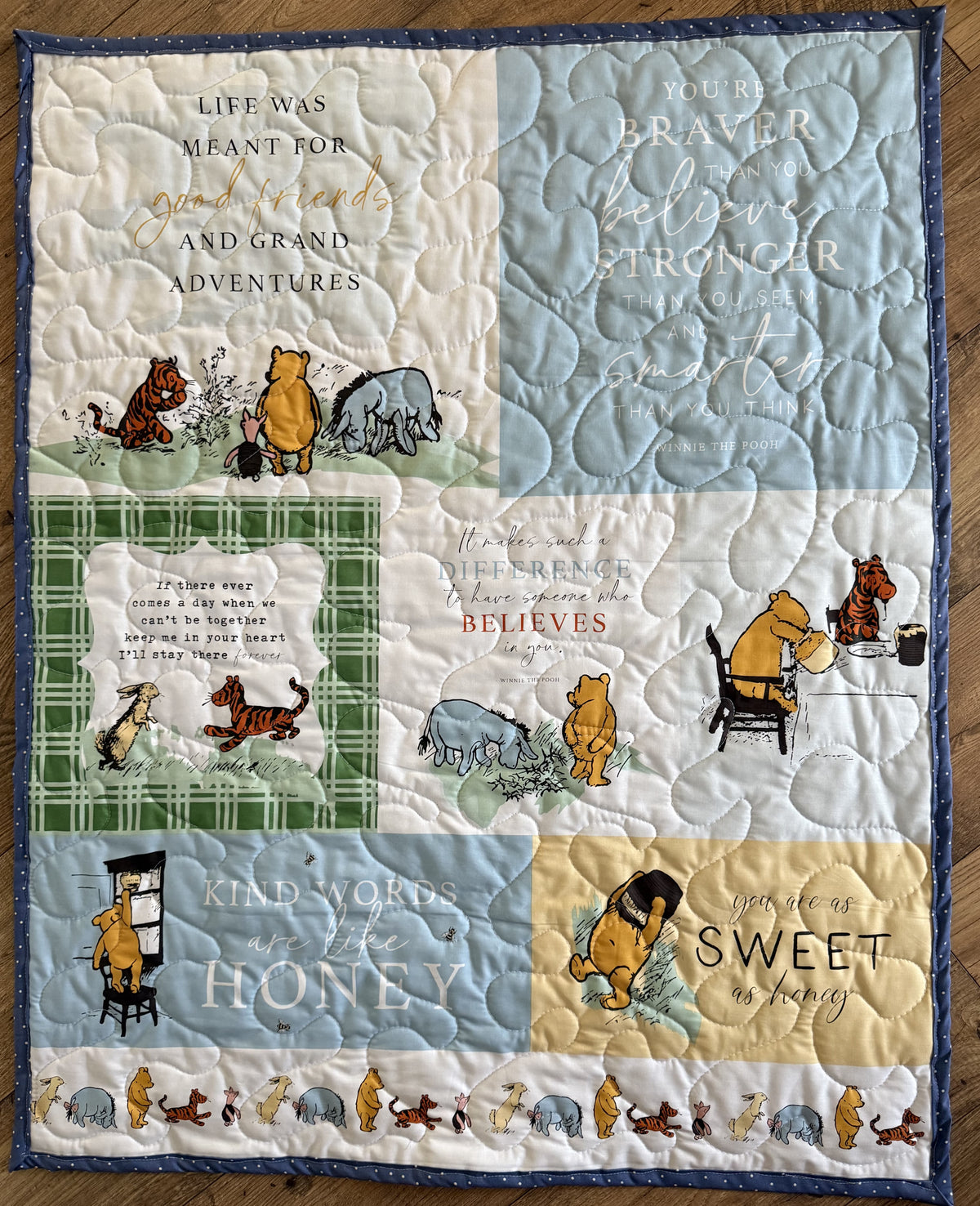 VINTAGE WINNIE THE POOH CLASSIC BOOK QUOTES BLOCKS Inspired Quilted Blanket Blue backing