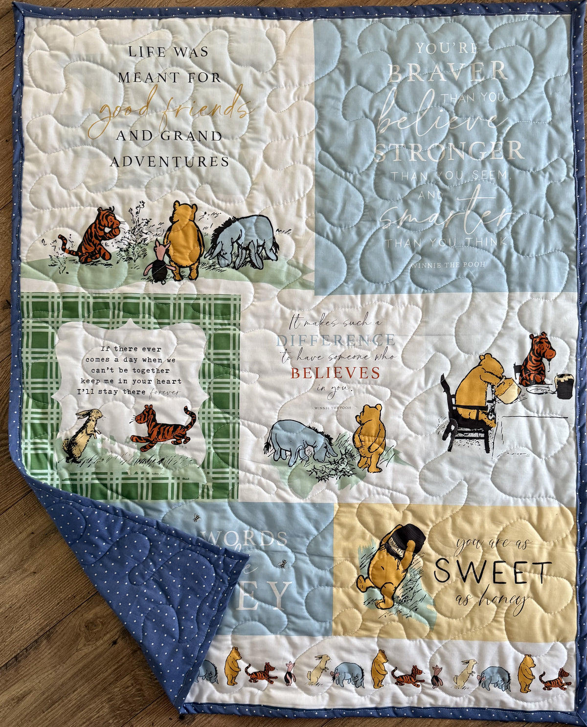 VINTAGE WINNIE THE POOH CLASSIC BOOK QUOTES BLOCKS Inspired Quilted Blanket Blue backing