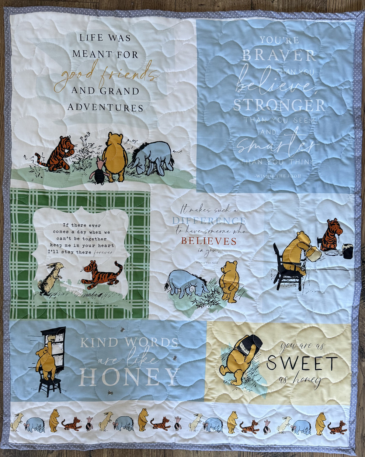 VINTAGE WINNIE THE POOH CLASSIC BOOK QUOTES BLOCKS Inspired Quilted Blanket Gray backing