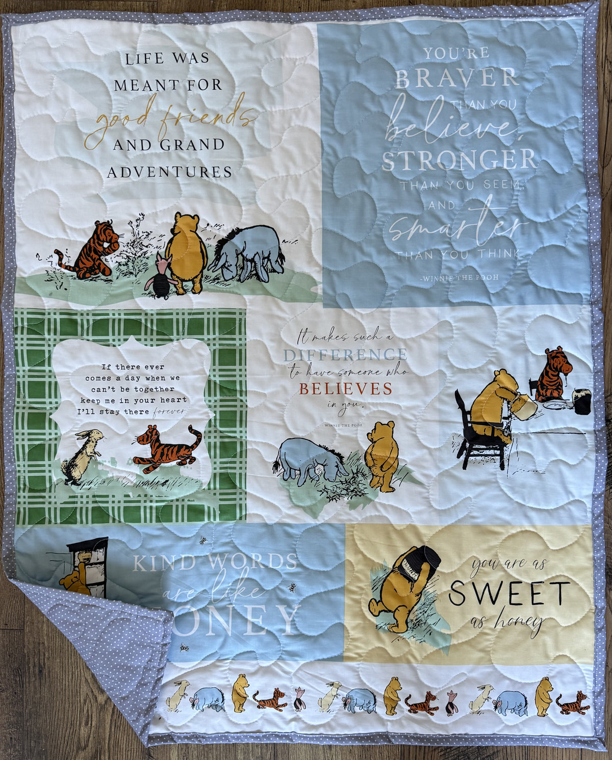 VINTAGE WINNIE THE POOH CLASSIC BOOK QUOTES BLOCKS Inspired Quilted Blanket Gray backing