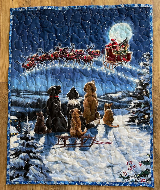 NIGHT BEFORE CHRISTMAS PUPS WATCHING SANTA Quilted Blanket