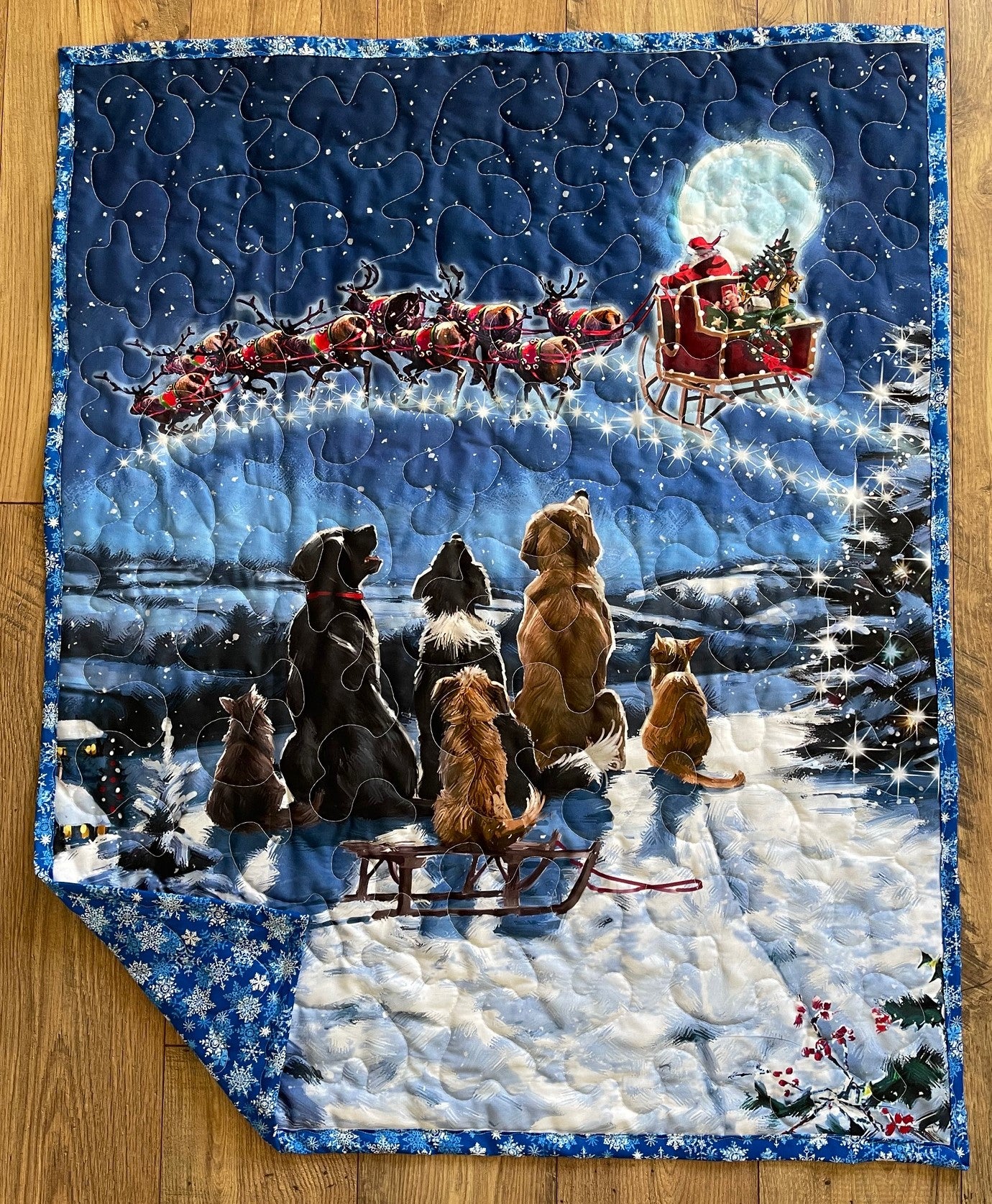 NIGHT BEFORE CHRISTMAS PUPS & CAT WATCHING SANTA Quilted Blanket