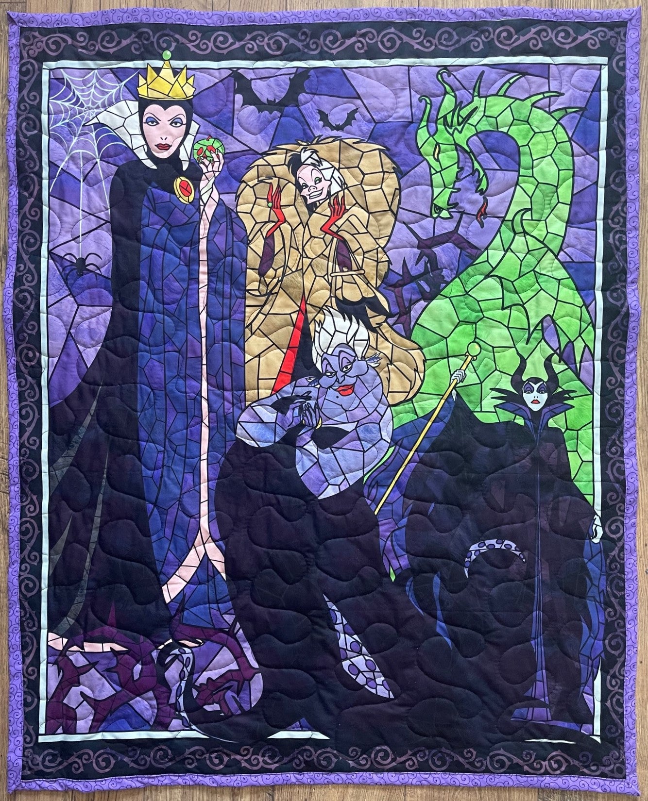 DISNEY VILLAINS STAINED GLASS, URSULA, EVIL WITCH, CRUELLA DE VIL, MALEFICENT DRAGON Inspired Quilted Blanket