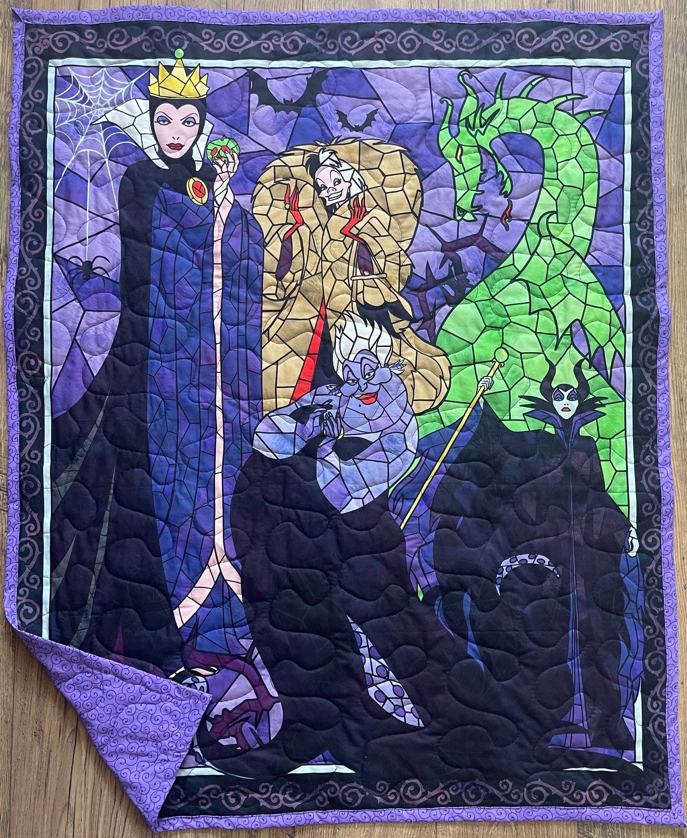 DISNEY VILLAINS STAINED GLASS, URSULA, EVIL WITCH, CRUELLA DE VIL, MALEFICENT DRAGON Inspired Quilted Blanket
