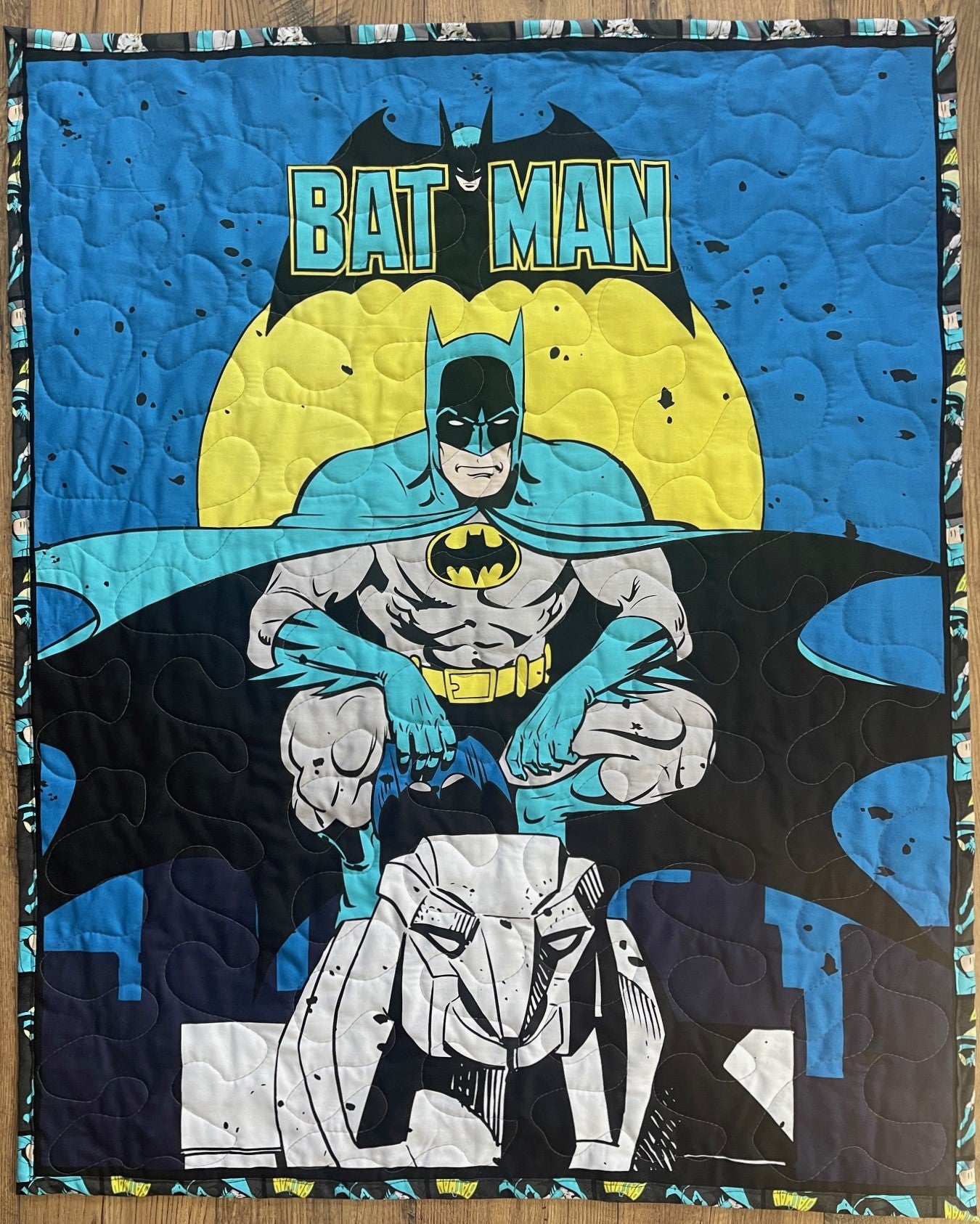 SUPERHERO BAT MAN CAPED CRUSADER Inspired Quilted Blanket Soft Flannel Backing