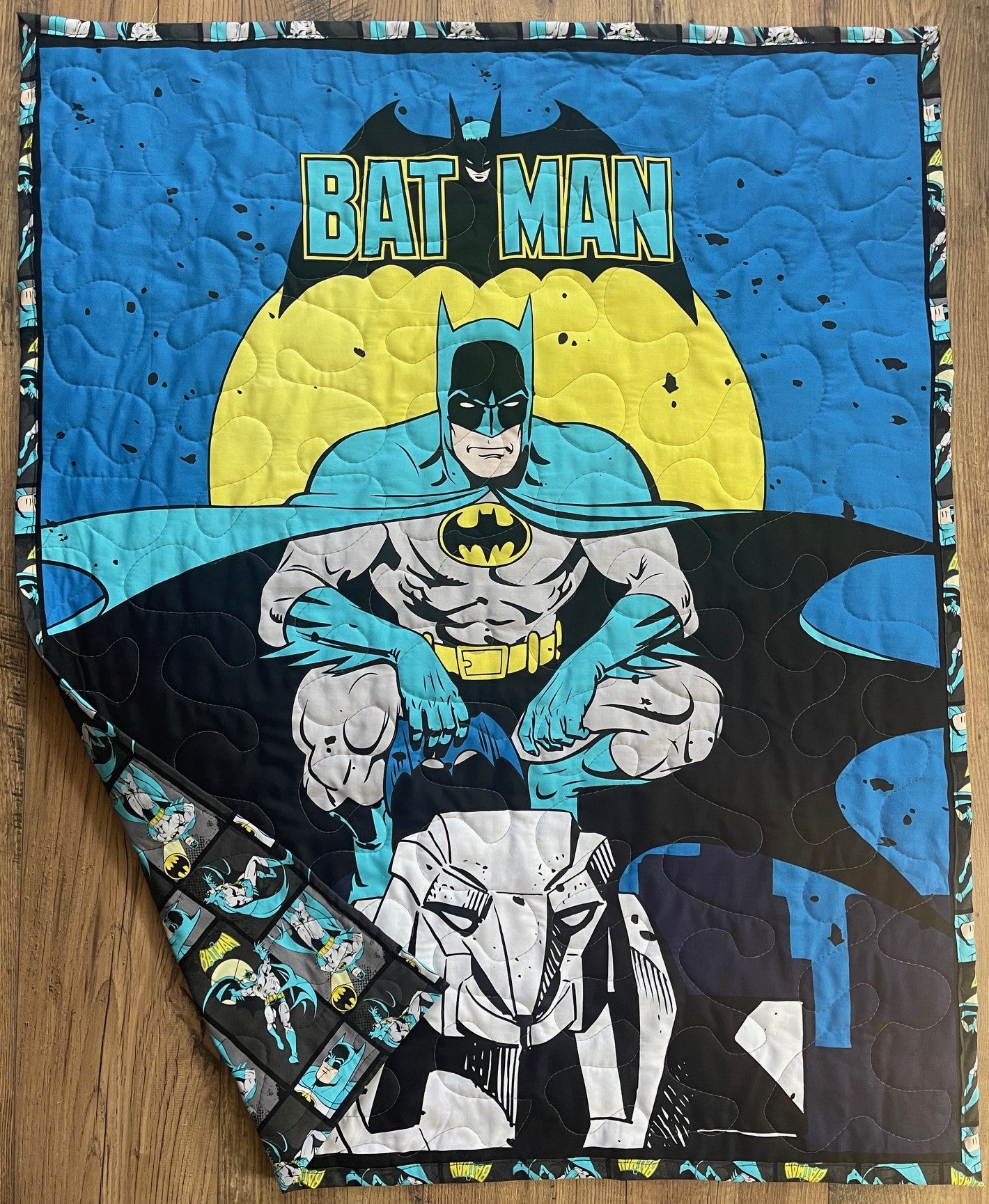 SUPERHERO BAT MAN CAPED CRUSADER Inspired Quilted Blanket Soft Flannel Backing