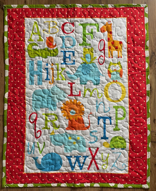 COLORFUL ABC's ALPHABET ANIMALS QUILTED BLANKET