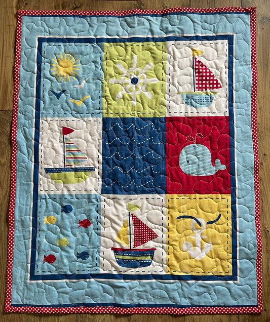 NAUTICAL THEME WHALE, SAILBOATS, ANCHOR, FISH, STARFISH Quilted Blanket